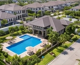 Rows of homes and the clubhouse from above