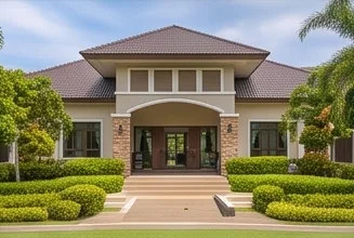 The clubhouse entrance with its trimmed hedges