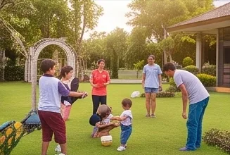 Families playing on the lawn by the clubhouse