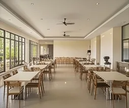 The function hall set with long tables and chairs