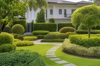 The landscaped gardens with a stepping-stone path