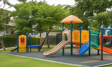 The children's playground with slides and a climbing frame
