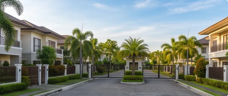 The tree-lined main street of Greenhaven, with the gated homes on either side